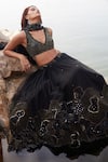 Shop_Mishru_Black Tulle Embroidery Sequin Plunge V Neck Ara Waistband Pleated Lehenga Set _at_Aza_Fashions