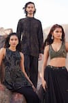 Buy_Mishru_Black Tulle Embroidery Sequin Plunge V Neck Ara Waistband Pleated Lehenga Set _Online_at_Aza_Fashions