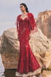 Buy_Mishru_Red Gown Organza Embroidery Sequin Gown Sweetheart Neck Celina With Cape _at_Aza_Fashions