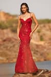 Shop_Mishru_Red Gown Organza Embroidery Sequin Gown Sweetheart Neck Celina With Cape _at_Aza_Fashions