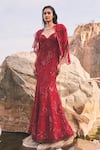 Mishru_Red Gown Organza Embroidery Sequin Gown Sweetheart Neck Celina With Cape _Online_at_Aza_Fashions