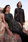 Mishru_Black Tulle Embroidery Sequin Round Raya Sea Tunic And Flared Pant Set _Online_at_Aza_Fashions