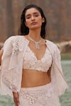 Mishru_Pink Tulle Embroidery Sequin Cape Open Gayle Layered Lehenga Set _at_Aza_Fashions