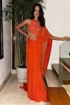 Buy_Itrh_Orange Chiffon Embellished Crystal High Neck Naranjas Draped Saree With Blouse _at_Aza_Fashions