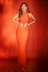 Buy_Itrh_Orange Net Embellished Crystal High Neck Clementine Bodysuit With Skirt _at_Aza_Fashions