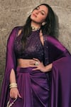 Itrh_Purple Net Embellished Crystal Top Halter Border Cape And Skirt Set _Online_at_Aza_Fashions