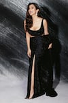 Buy_Itrh_Black Jersey Embellished Crystal Scoop Vanessa Pre-draped Saree With Blouse _at_Aza_Fashions