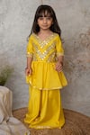 Shop_Mi Dulce An'ya_Yellow 100% Organic Cotton Embroidered Mirror Peplum Sharara Set _Online_at_Aza_Fashions