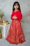 Shop_Mi Dulce An'ya_Red 100% Organic Cotton Embroidered Zari Leaf Handprinted Tiered Lehenga Set _Online_at_Aza_Fashions