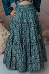 Mi Dulce An'ya_Green 100% Organic Cotton Embroidered Handprinted Leaf Motif Tiered Lehenga Set _Online_at_Aza_Fashions