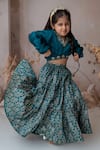 Buy_Mi Dulce An'ya_Green 100% Organic Cotton Embroidered Handprinted Leaf Motif Tiered Lehenga Set _Online_at_Aza_Fashions