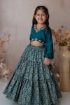 Shop_Mi Dulce An'ya_Green 100% Organic Cotton Embroidered Handprinted Leaf Motif Tiered Lehenga Set _Online_at_Aza_Fashions