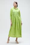 Buy_Ibai_Green Handwoven Jamdani Muslin Bird Motifs Collar Barbet Smocked Dress _at_Aza_Fashions