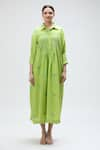 Buy_Ibai_Green Handwoven Jamdani Muslin Bird Motifs Collar Barbet Smocked Dress _Online_at_Aza_Fashions