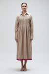 Ibai_Beige Handwoven Jamdani Muslin Carolina Embroidered Gathered Dress With Inner _Online_at_Aza_Fashions