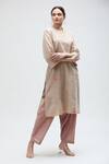 Shop_Ibai_Beige Handwoven Jamdani Muslin Peacock V Neck Carolina Kurta _Online_at_Aza_Fashions