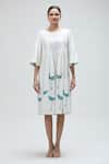 Ibai_White Handwoven Pure Cotton Handblock Print Peacock Boat Dove Flared Dress _Online_at_Aza_Fashions