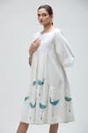 Ibai_White Handwoven Pure Cotton Handblock Print Peacock Boat Dove Flared Dress _at_Aza_Fashions