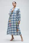 Buy_Ibai_Blue Handwoven Muslin Checkered Mandarin Collar Midi Dress _at_Aza_Fashions