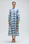 Ibai_Blue Handwoven Muslin Checkered Mandarin Collar Midi Dress _at_Aza_Fashions