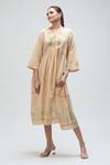 Buy_Ibai_Peach Handwoven Jamdani Muslin Checkered Notched Love Bird Dress _at_Aza_Fashions