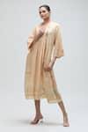 Ibai_Peach Handwoven Jamdani Muslin Checkered Notched Love Bird Dress _Online_at_Aza_Fashions