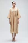 Ibai_Peach Handwoven Jamdani Muslin Checkered Notched Love Bird Dress _at_Aza_Fashions