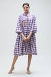 Buy_Ibai_Purple Handwoven Muslin Checkered Band Collar Martin Dress _at_Aza_Fashions