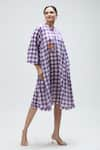 Ibai_Purple Handwoven Muslin Checkered Band Collar Martin Dress _Online_at_Aza_Fashions