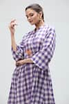 Buy_Ibai_Purple Handwoven Muslin Checkered Band Collar Martin Dress _Online_at_Aza_Fashions