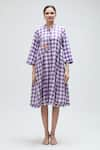 Ibai_Purple Handwoven Muslin Checkered Band Collar Martin Dress _at_Aza_Fashions