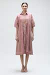 Ibai_Beige Handwoven Muslin Checkered Collar Sparrow Dress With Inner _Online_at_Aza_Fashions