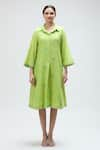 Ibai_Green Handwoven Jamdani Muslin Embroidered Thread Parrot Dress With Inner _Online_at_Aza_Fashions