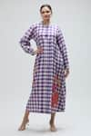 Buy_Ibai_Purple Handwoven Muslin Checks Band Collar Martin Pattern Dress _at_Aza_Fashions