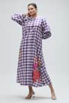 Ibai_Purple Handwoven Muslin Checks Band Collar Martin Pattern Dress _Online_at_Aza_Fashions