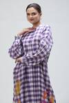 Shop_Ibai_Purple Handwoven Muslin Checks Band Collar Martin Pattern Dress _Online_at_Aza_Fashions