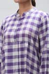 Ibai_Purple Handwoven Muslin Checks Band Collar Martin Pattern Dress _at_Aza_Fashions