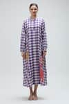 Buy_Ibai_Purple Handwoven Muslin Checks Band Collar Martin Pattern Dress 