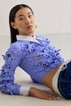 Shop_Mellowdrama_Blue 100% Cotton 3d Bow Bloom Collar Neck Contrast Crop Shirt _Online_at_Aza_Fashions