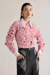 Buy_Mellowdrama_Red 100% Cotton 3d Bow Bloom Collar Neck Flora Contrast Crop Shirt _at_Aza_Fashions