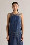 Mellowdrama_Blue 100% Cotton Round Neck Sunray Weave Panelled Sleeveless Top _Online_at_Aza_Fashions