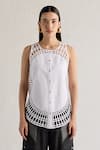 Mellowdrama_White 100% Cotton Round Neck Sunray Weave Panelled Top _Online_at_Aza_Fashions