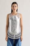 Mellowdrama_Silver 100% Cotton Round Neck Sunray Weave Panelled Foil Top _Online_at_Aza_Fashions