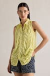 Buy_Mellowdrama_Yellow 100% Cotton Collar Neck Handtucked Sleeveless Shirt _at_Aza_Fashions