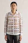 Mellowdrama_Beige 100% Cotton Collar Neck Checkered Weave Semi Sheer Shirt _Online_at_Aza_Fashions