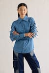 Buy_Mellowdrama_Blue 100% Cotton Collared 3d Floral Embroidered Sleeve Shirt _Online_at_Aza_Fashions