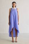 Buy_Mellowdrama_Blue 100% Cotton Crystal Droplets Collared Contrast Asymmetric Dress _at_Aza_Fashions