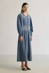 Buy_Mellowdrama_Blue 100% Cotton Embroidery Thread Round Midi Dress _Online_at_Aza_Fashions