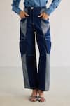 Shop_Mellowdrama_Blue 100% Cotton Color Block Cargo Pant _Online_at_Aza_Fashions