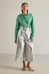 Buy_Mellowdrama_Silver 100% Cotton Calf Length Metallic Pant _at_Aza_Fashions